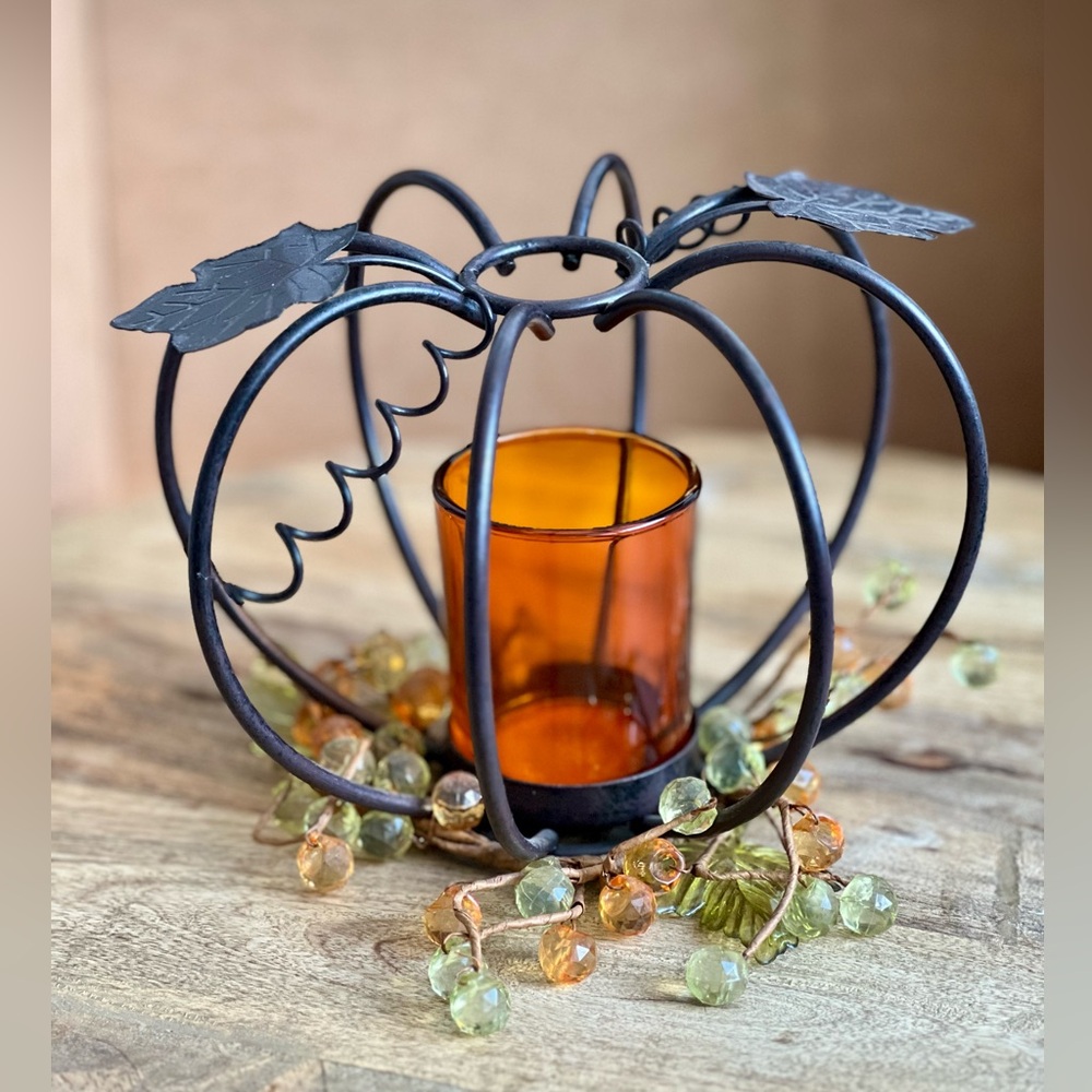 Metal Pumpkin Candle Holder with Amber Glass